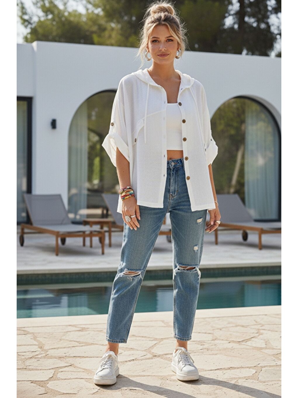 Beyaz Kapüşonlu Düğmeli 3/4 Kol Cepli Casual Keten Görünümlü Dokuma Ceket 70 58-3