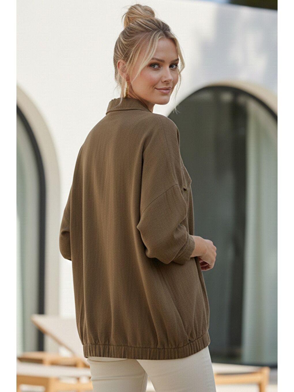 Kahverengi Gömlek Yaka Manşetli Kollu Çift Kapaklı Cepli Casual Keten Görünümlü Dokuma Ceket 65 65-6