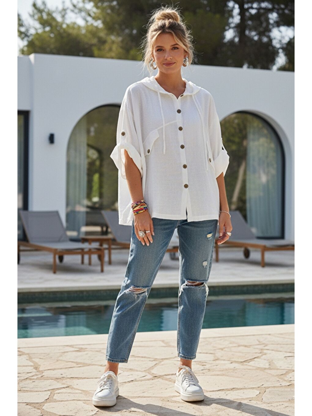 Beyaz Kapüşonlu Düğmeli 3/4 Kol Cepli Casual Keten Görünümlü Dokuma Ceket 70 58-4