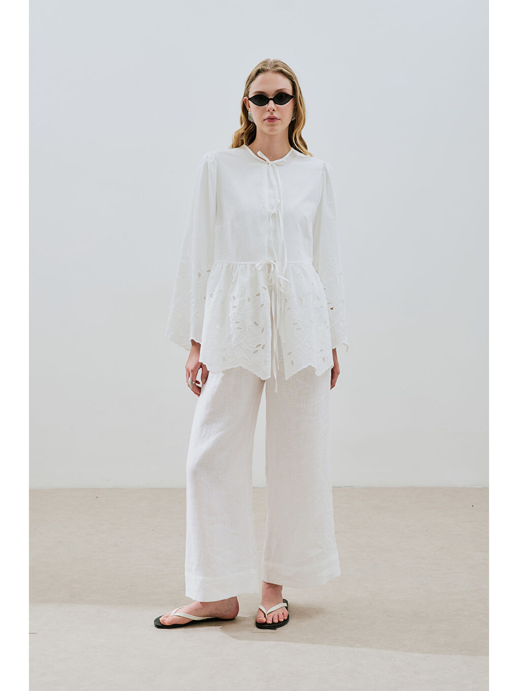 Bağlamalı Nakışlı Tunik Ekru-3