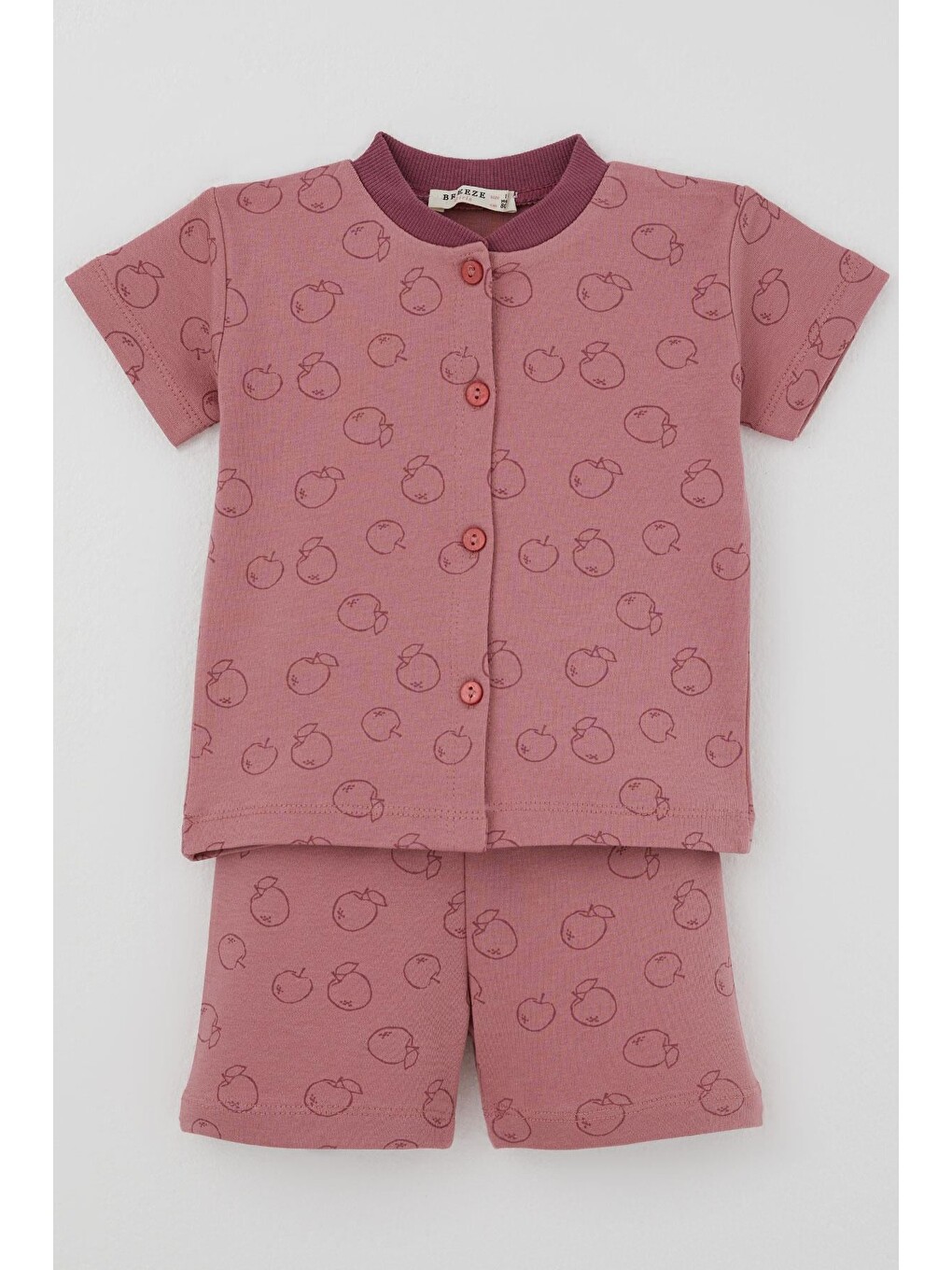 Pembe Kız Bebek Pijama Takımı Elma Desenli Önden Düğmeli Gülkurusu (4 Ay - 1 Yaş)