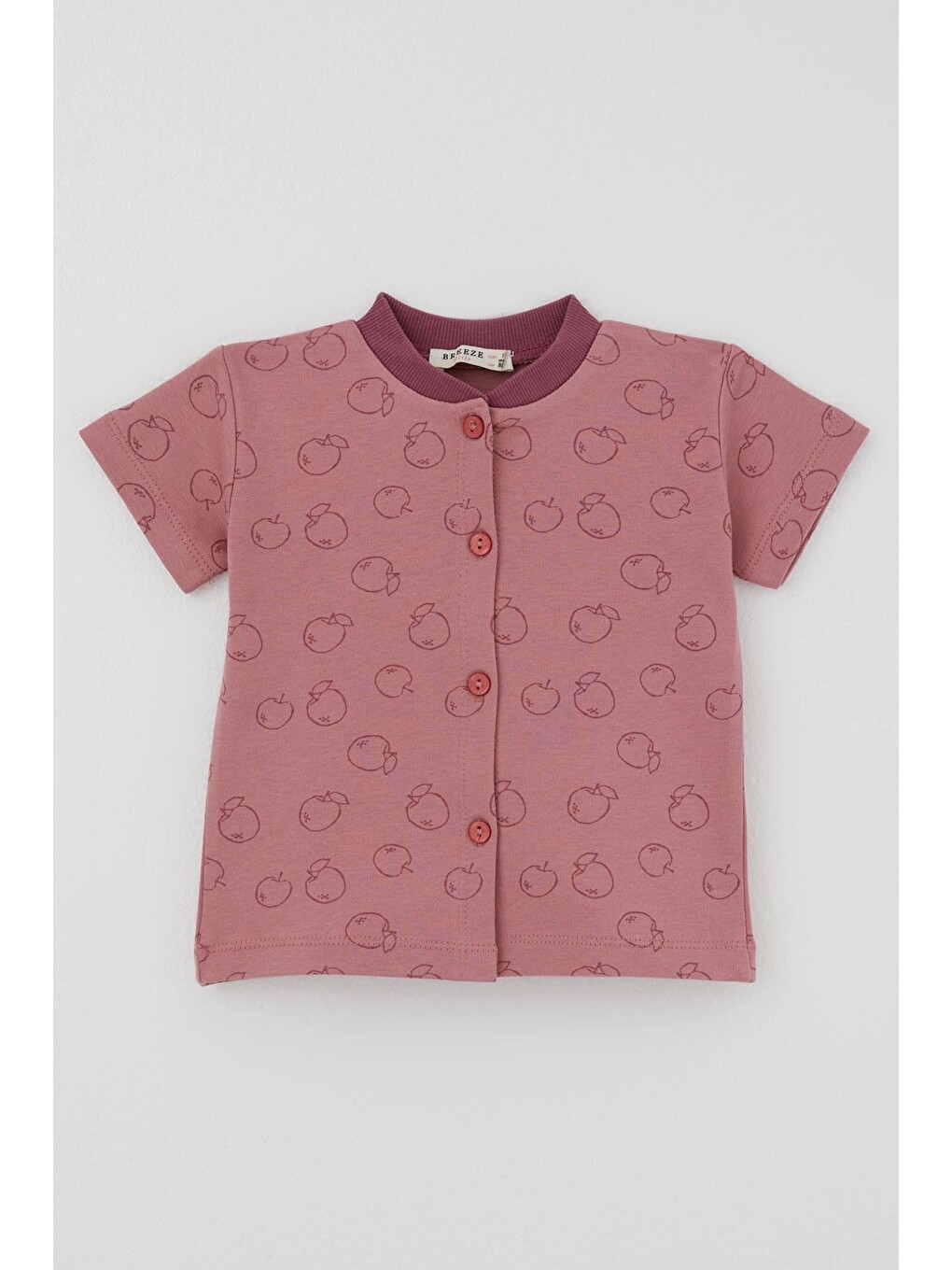 Pembe Kız Bebek Pijama Takımı Elma Desenli Önden Düğmeli Gülkurusu (4 Ay - 1 Yaş)-1