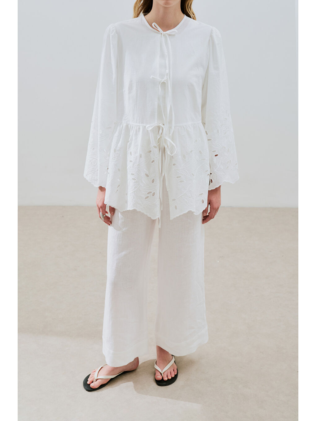 Bağlamalı Nakışlı Tunik Ekru-4