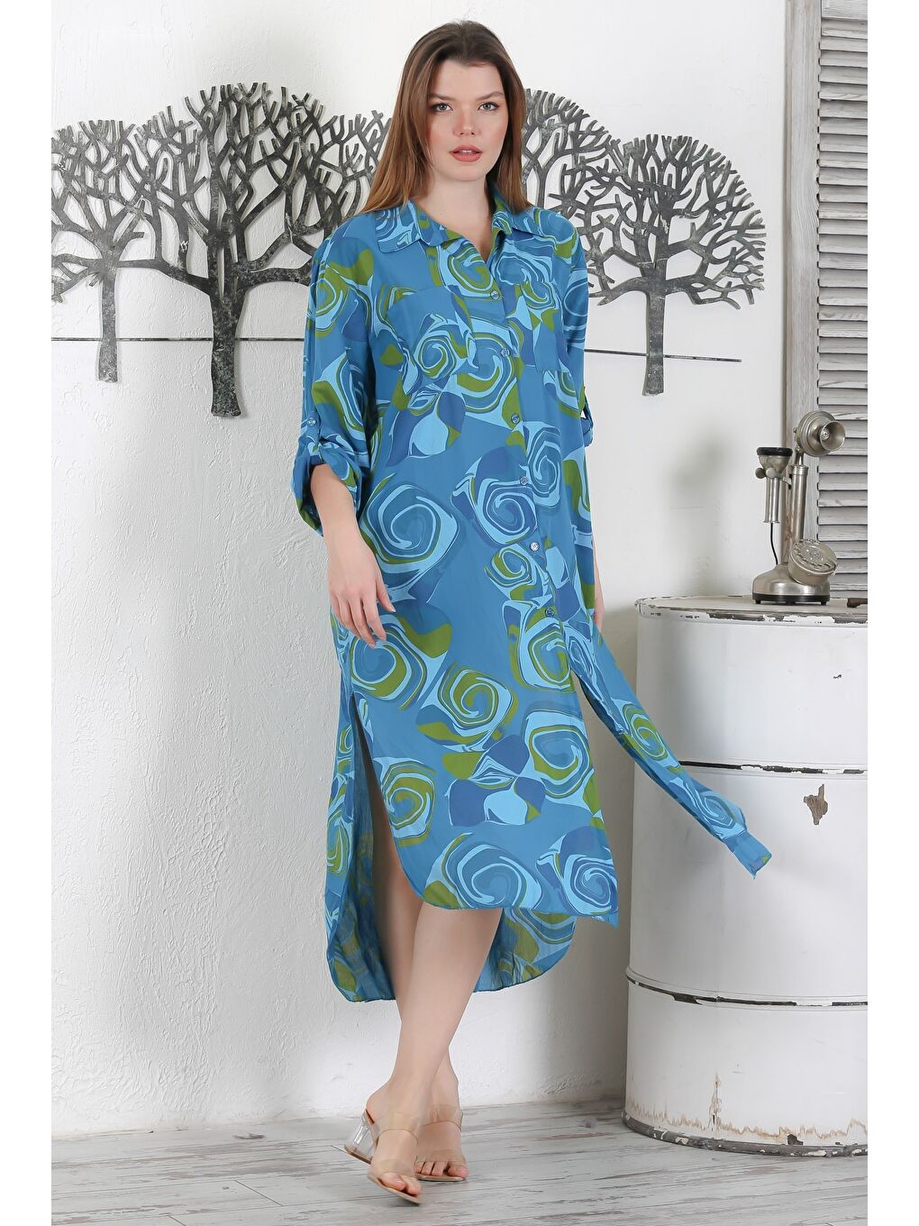 İtalyan Koyu Mavi Düğmeli Uzun Kollu Geometrik Desenli Çift Cepli Casual Dokuma Yazlık Elbise 130 65