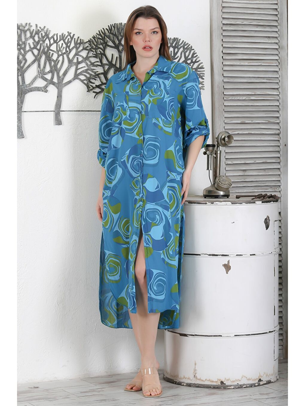 İtalyan Koyu Mavi Düğmeli Uzun Kollu Geometrik Desenli Çift Cepli Casual Dokuma Yazlık Elbise 130 65-1