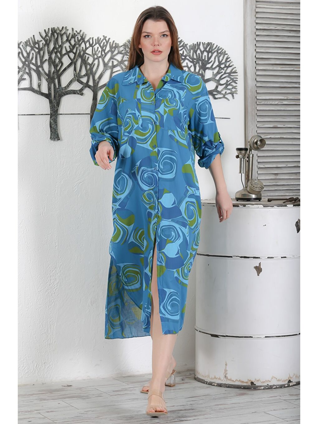 İtalyan Koyu Mavi Düğmeli Uzun Kollu Geometrik Desenli Çift Cepli Casual Dokuma Yazlık Elbise 130 65-2