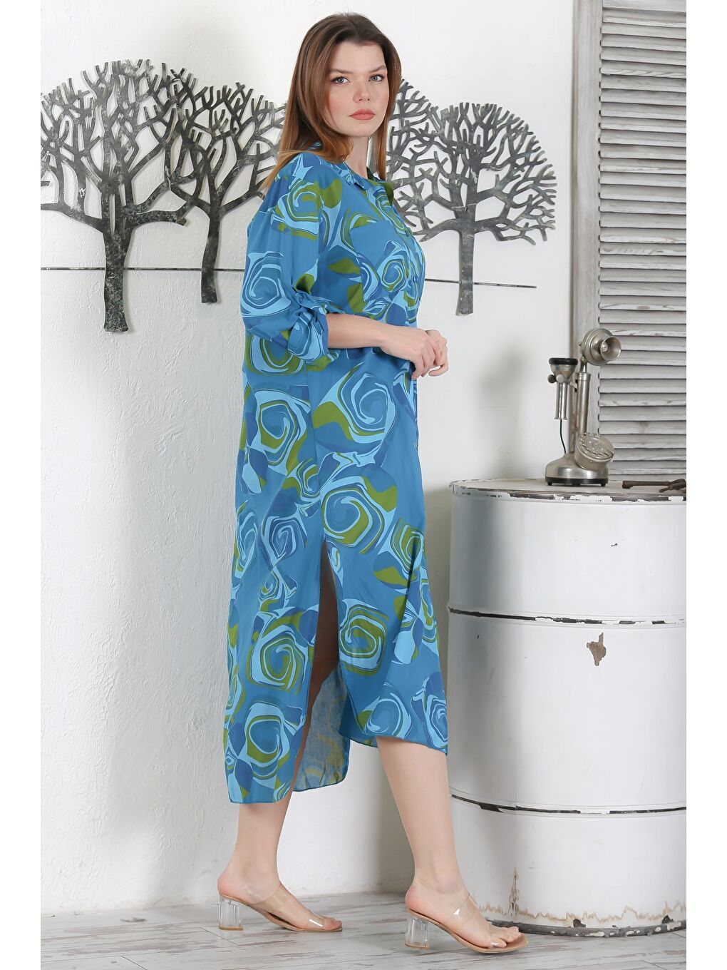 İtalyan Koyu Mavi Düğmeli Uzun Kollu Geometrik Desenli Çift Cepli Casual Dokuma Yazlık Elbise 130 65-3