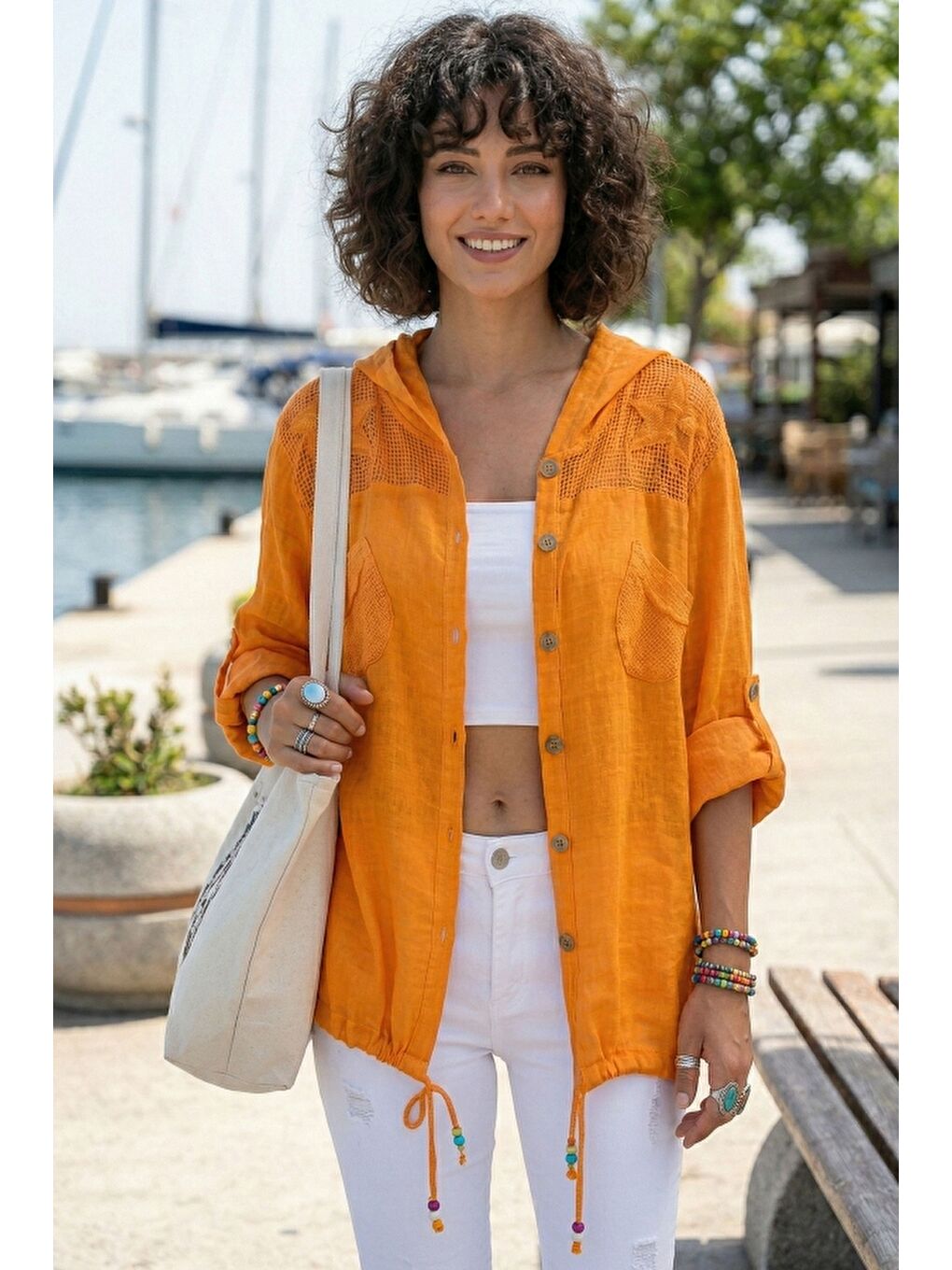 Turuncu Uzun Kol Arkası Yıldız Desenli Omuzları File Ve Yıldız Detaylı Casual Dokuma Ceket 70 65-1