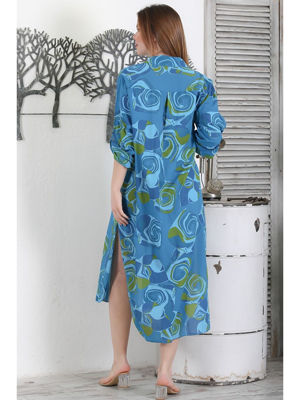 İtalyan Koyu Mavi Düğmeli Uzun Kollu Geometrik Desenli Çift Cepli Casual Dokuma Yazlık Elbise 130 65-4