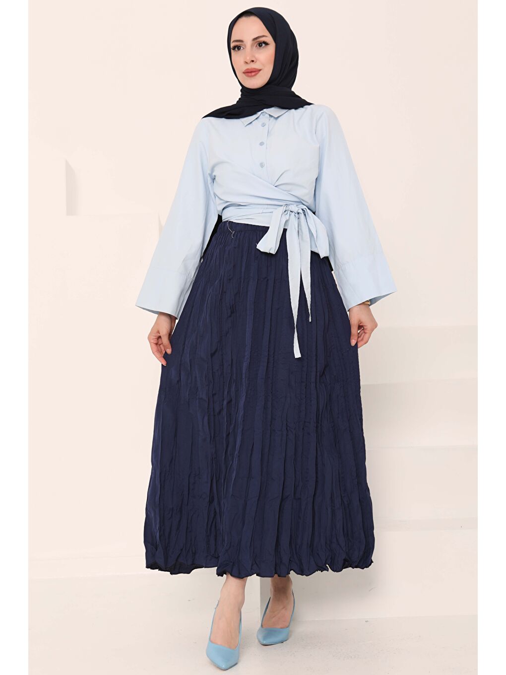 Beli Lastikli Kırışık Etek Lacivert - 27013