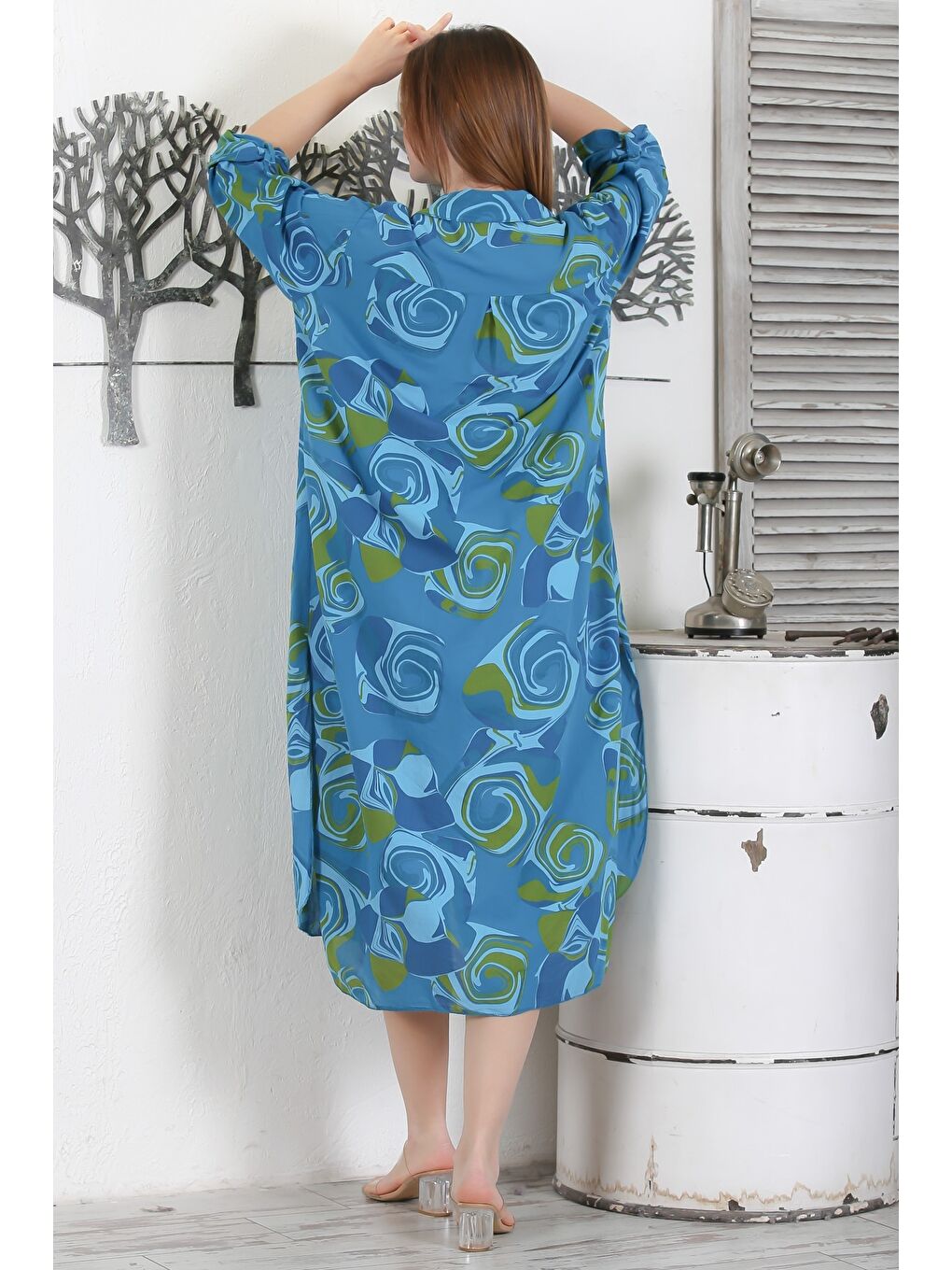 İtalyan Koyu Mavi Düğmeli Uzun Kollu Geometrik Desenli Çift Cepli Casual Dokuma Yazlık Elbise 130 65-5