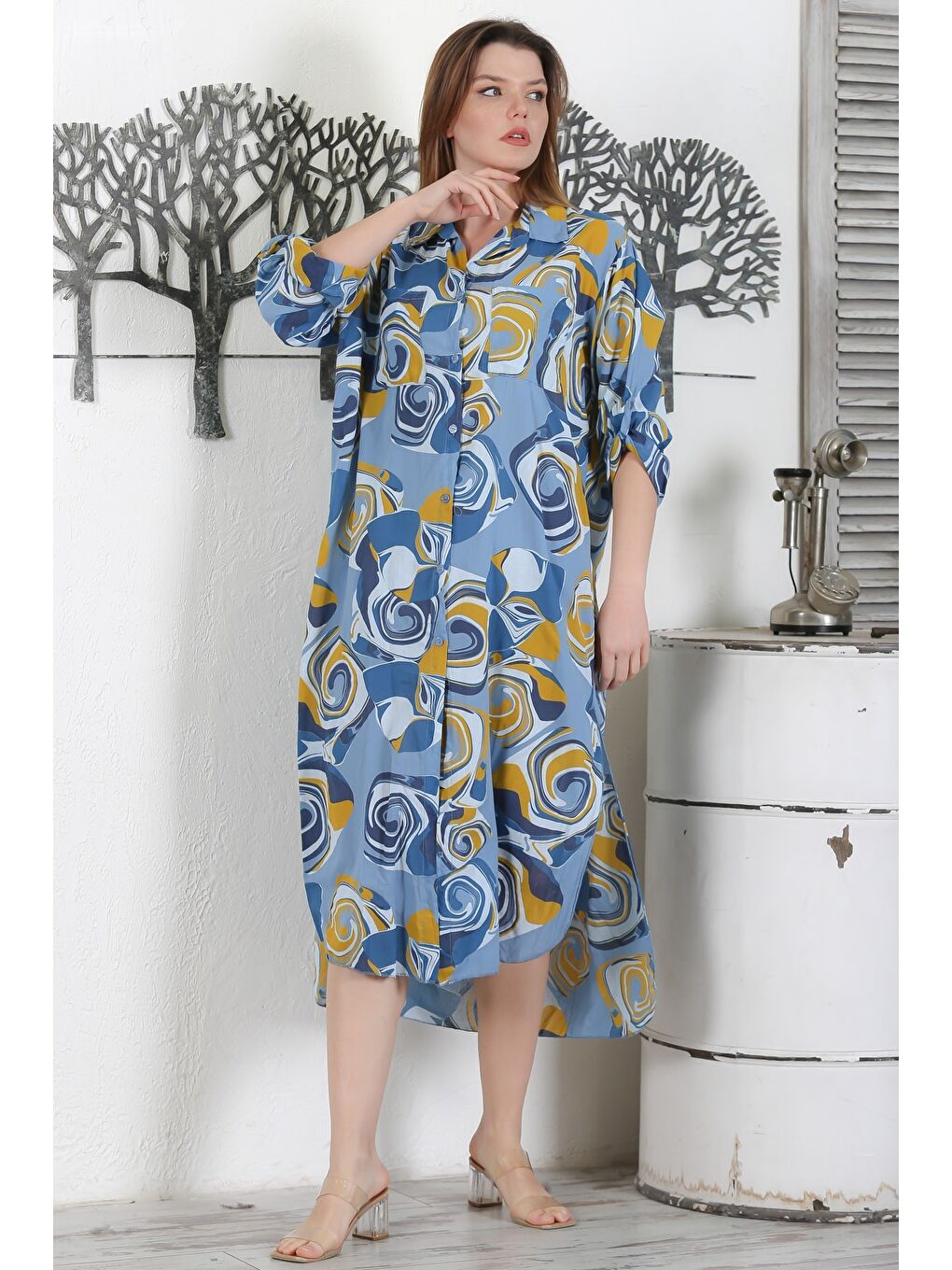 İtalyan Koyu Mavi Düğmeli Uzun Kollu Geometrik Desenli Çift Cepli Casual Dokuma Yazlık Elbise 130 65-6