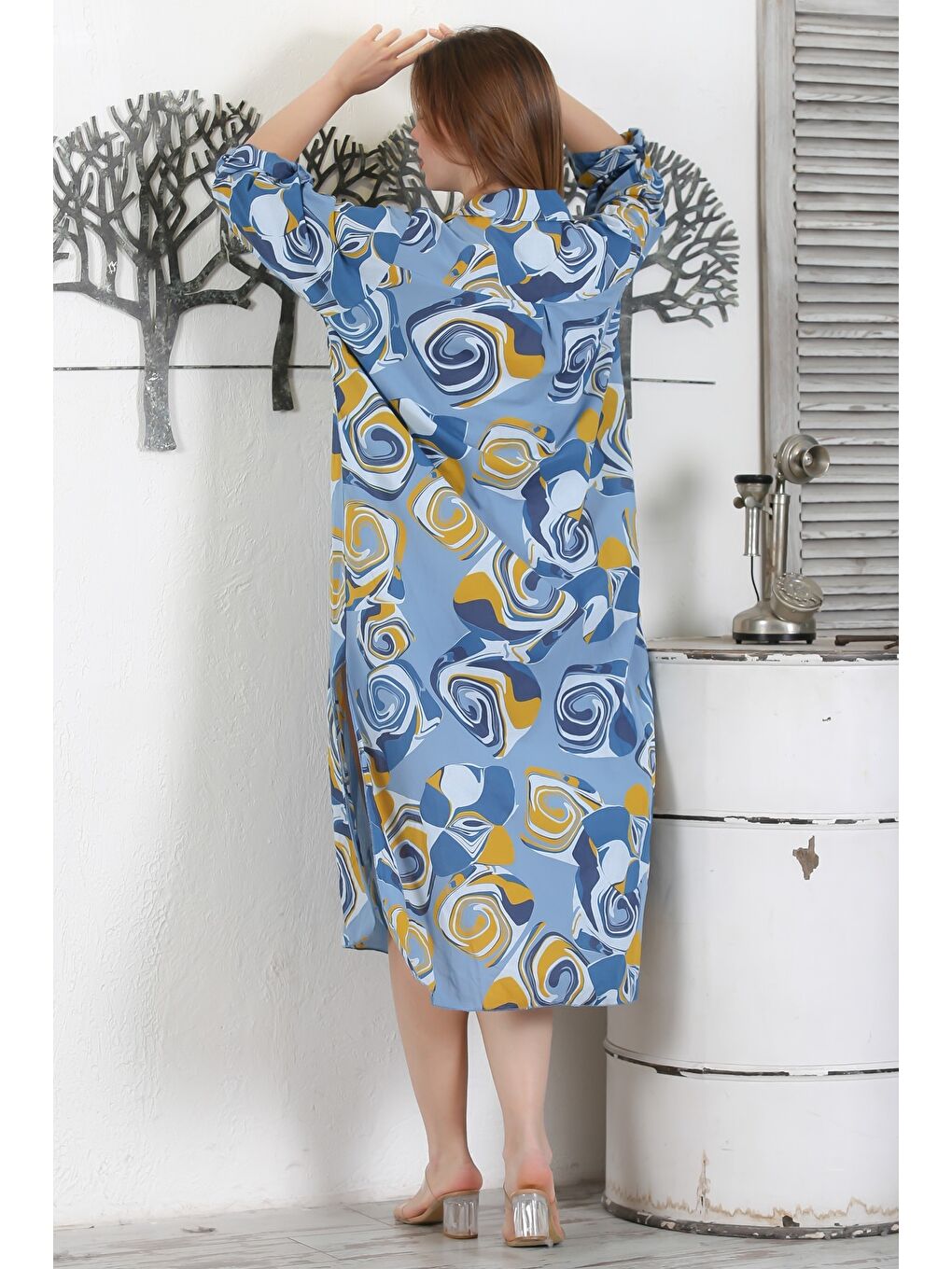 İtalyan Koyu Mavi Düğmeli Uzun Kollu Geometrik Desenli Çift Cepli Casual Dokuma Yazlık Elbise 130 65-7