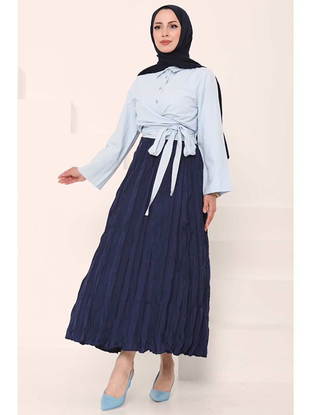 Beli Lastikli Kırışık Etek Lacivert - 27013-1