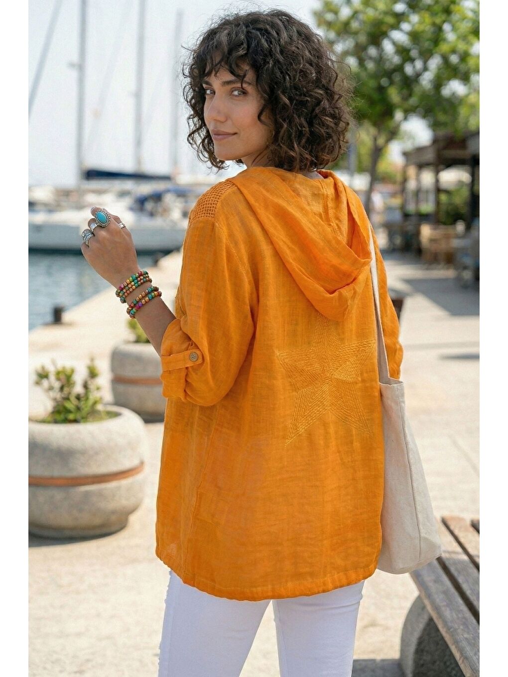 Turuncu Uzun Kol Arkası Yıldız Desenli Omuzları File Ve Yıldız Detaylı Casual Dokuma Ceket 70 65-2
