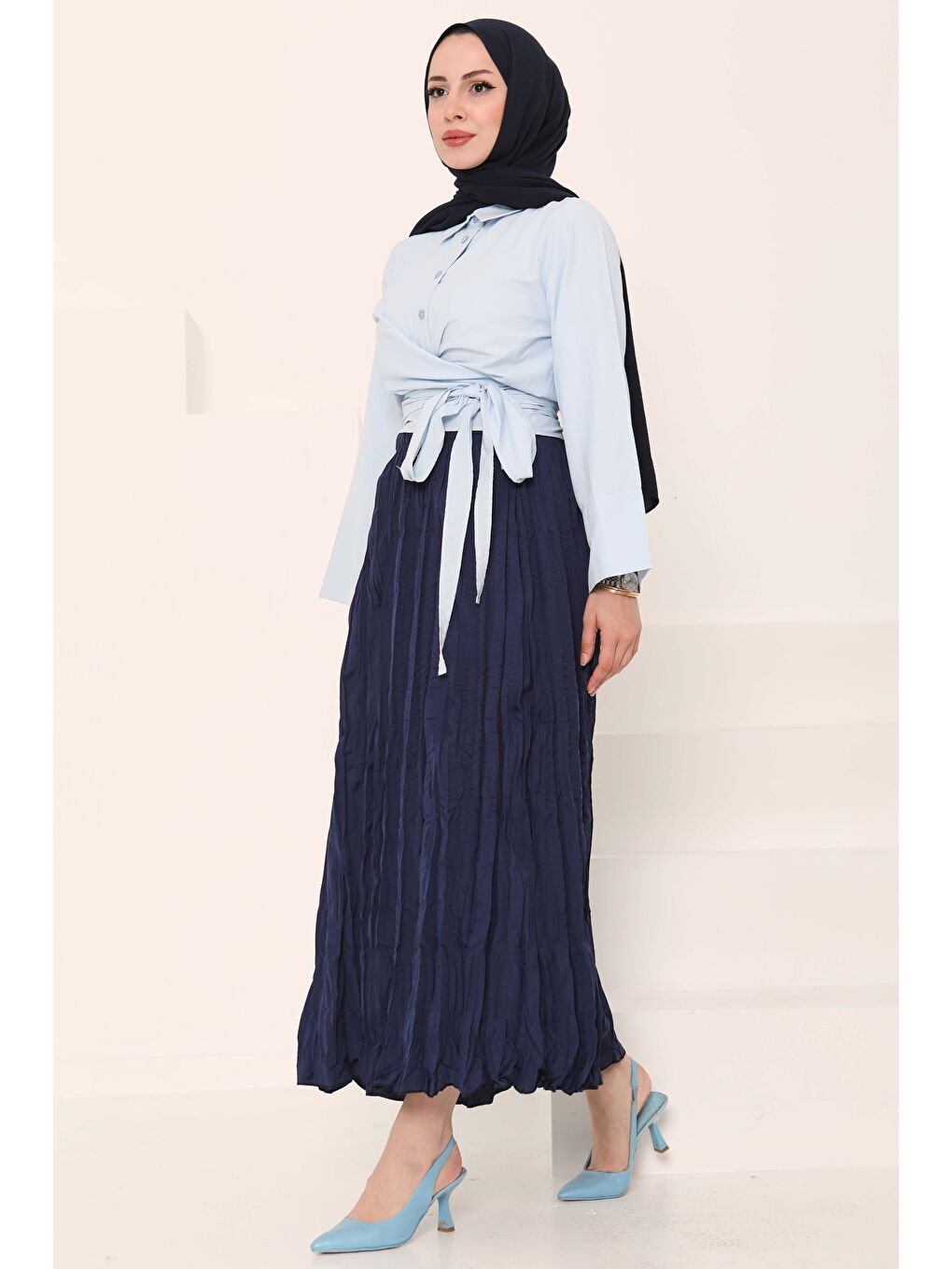 Beli Lastikli Kırışık Etek Lacivert - 27013-2