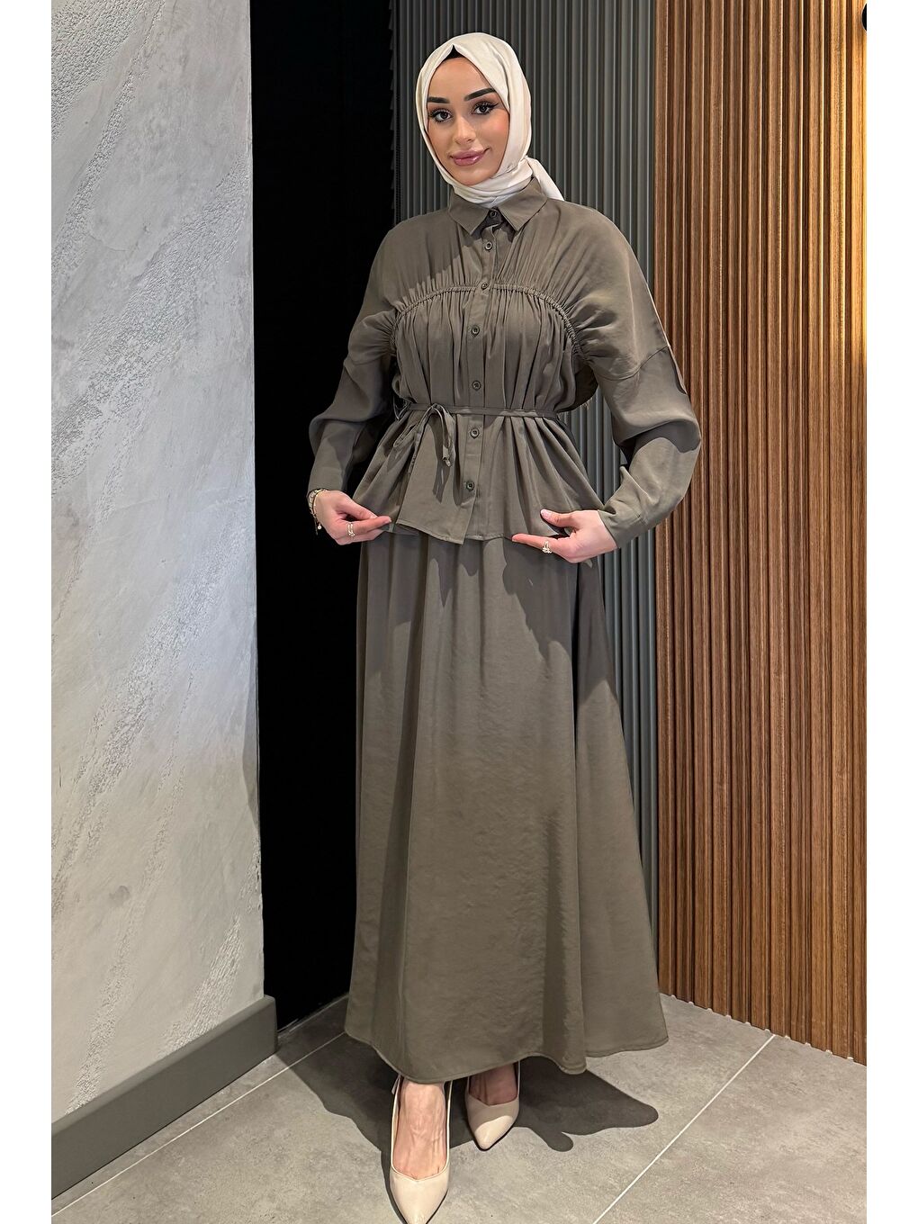 Haki Kadın Büzgü Detaylı Bel Bağlamalı Tunik Etek İkili Takım-2
