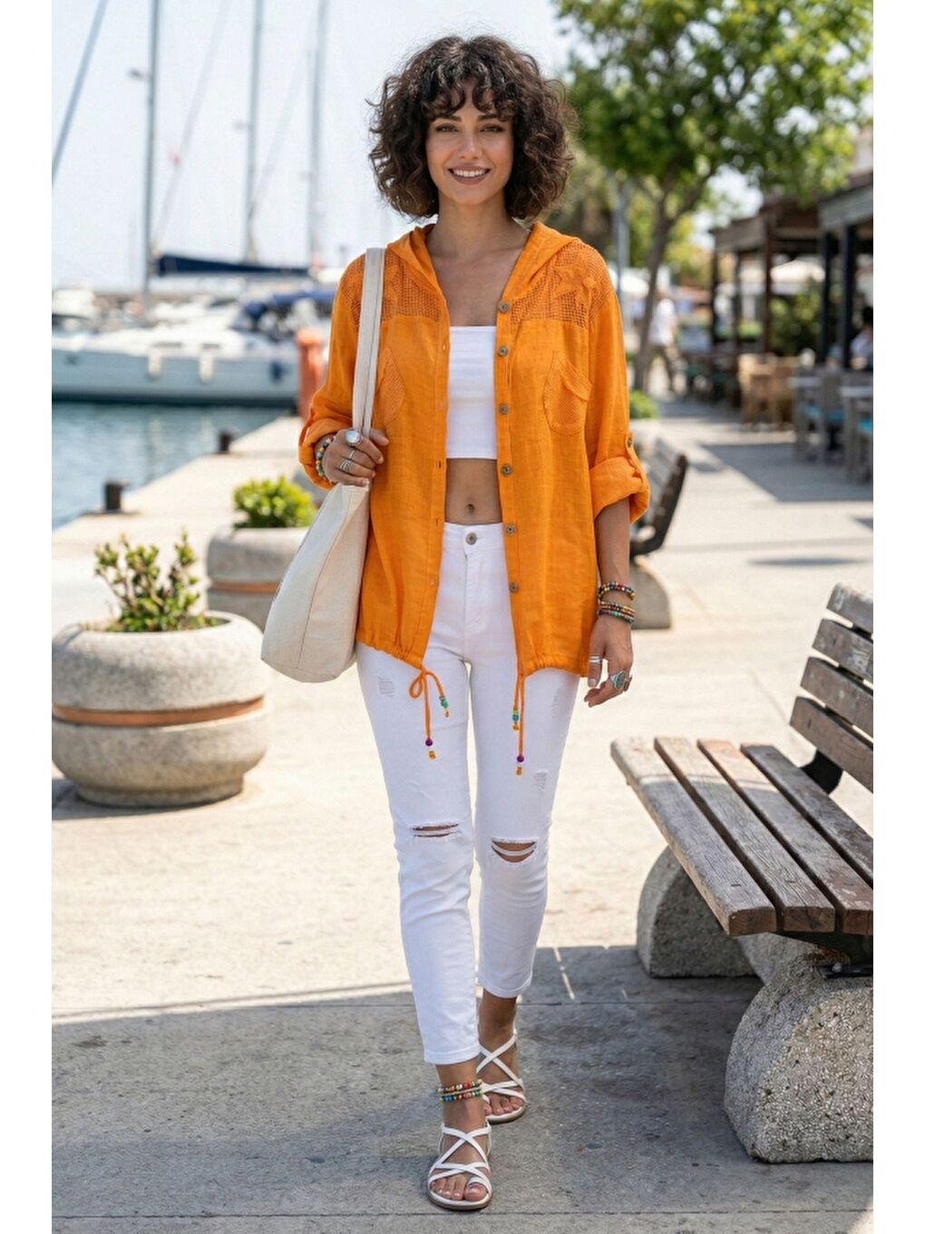 Turuncu Uzun Kol Arkası Yıldız Desenli Omuzları File Ve Yıldız Detaylı Casual Dokuma Ceket 70 65-3