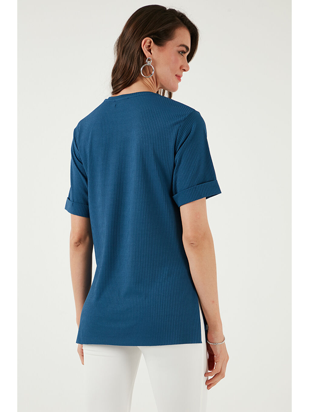 İndigo Oversize Bisiklet Yaka Yırtmaç Detaylı Bluz 5869000-6