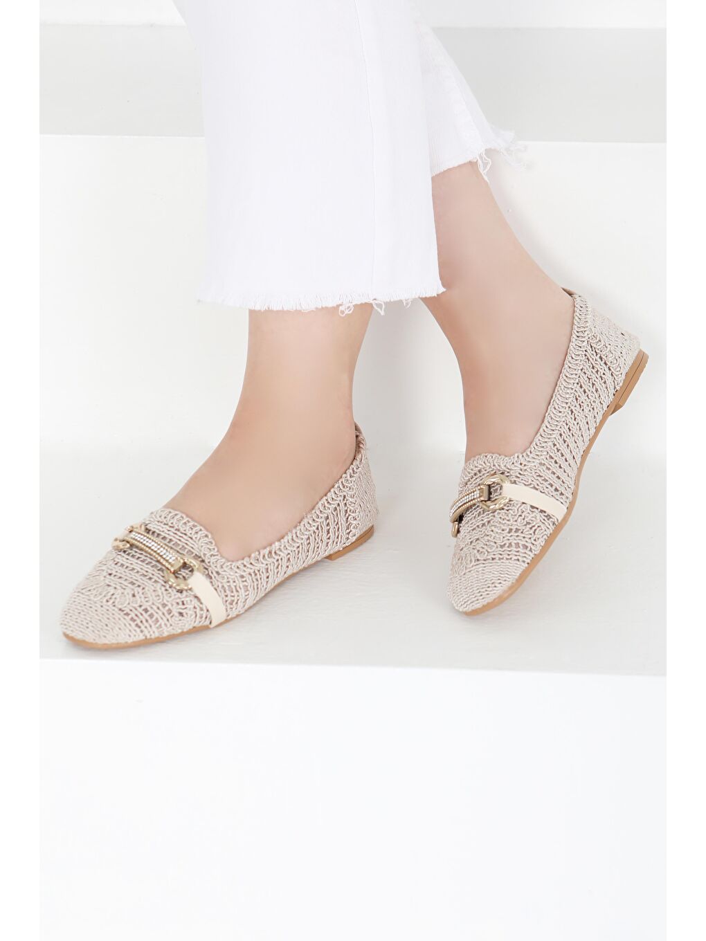 Ekru Kadın Krem Triko Tokalı Babet - 27414-3