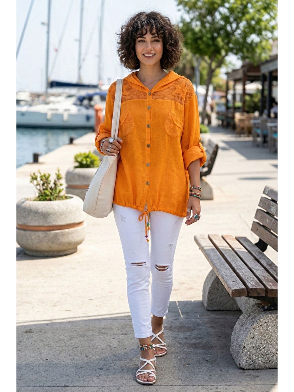 Turuncu Uzun Kol Arkası Yıldız Desenli Omuzları File Ve Yıldız Detaylı Casual Dokuma Ceket 70 65-4