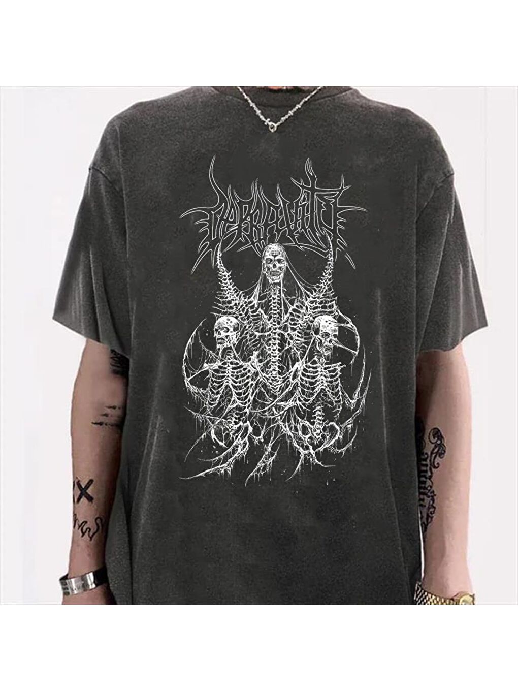Antrasit Yıkamalı Triple Skeleton Unisex Eskitme T-shirt