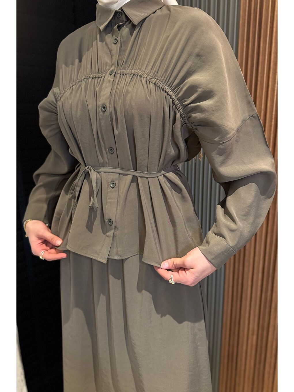 Haki Kadın Büzgü Detaylı Bel Bağlamalı Tunik Etek İkili Takım-5