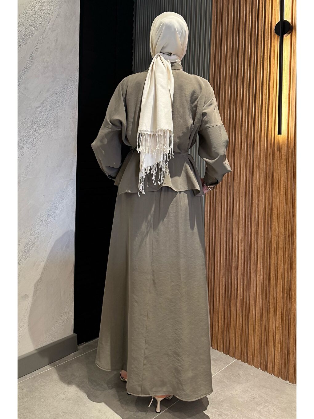 Haki Kadın Büzgü Detaylı Bel Bağlamalı Tunik Etek İkili Takım-6