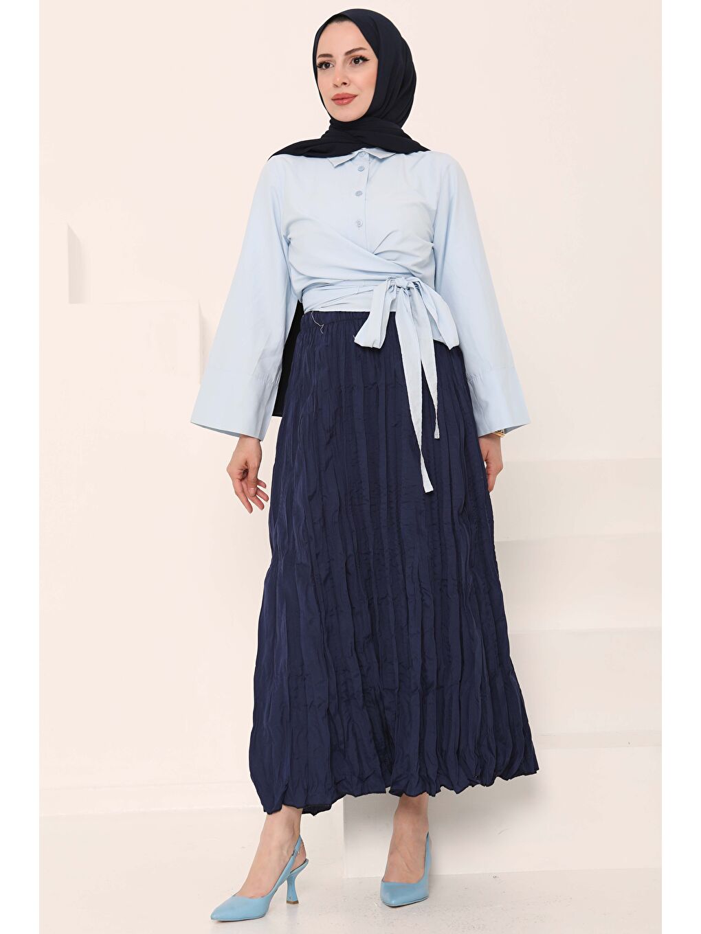 Beli Lastikli Kırışık Etek Lacivert - 27013-3