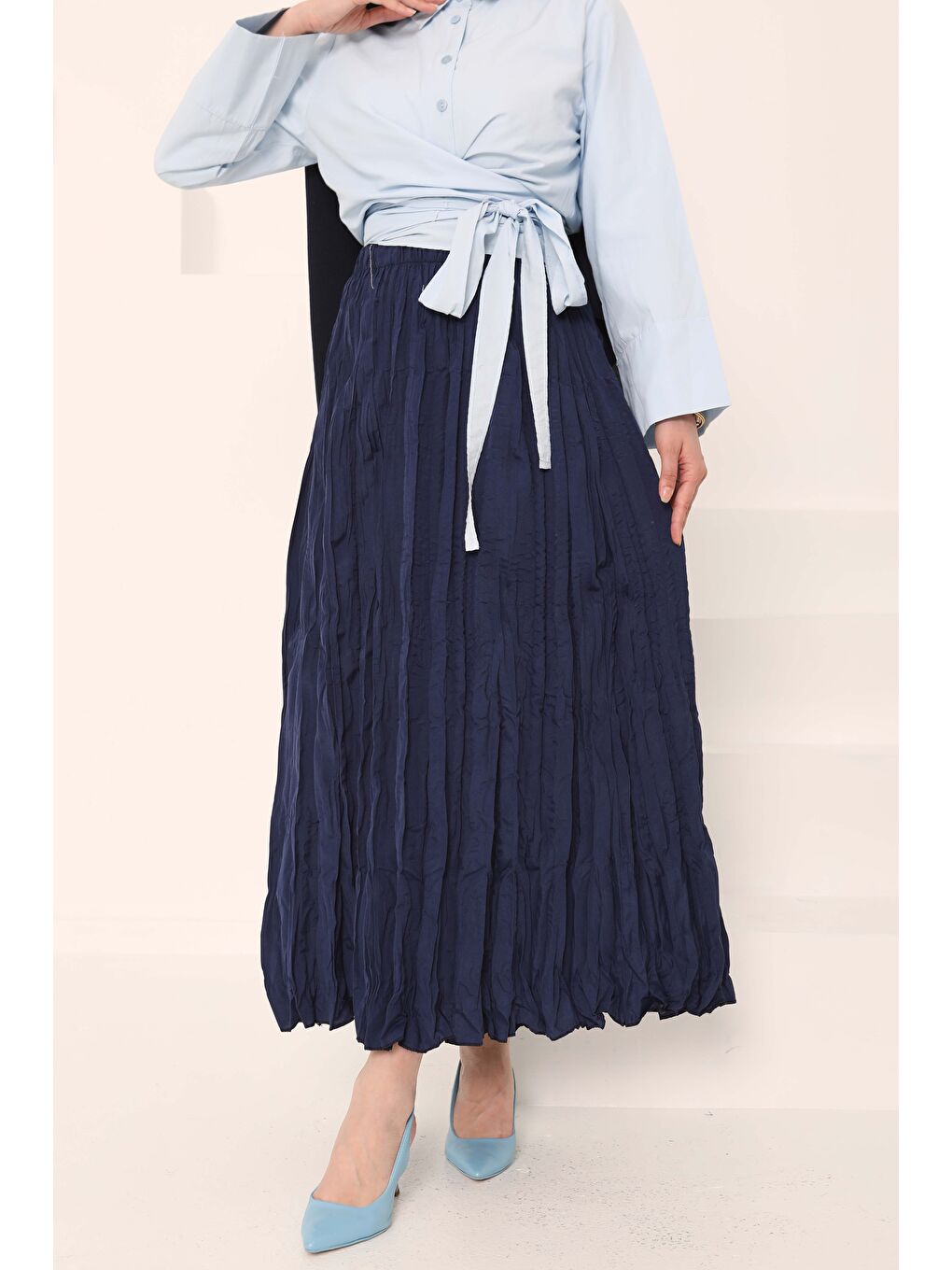 Beli Lastikli Kırışık Etek Lacivert - 27013-4