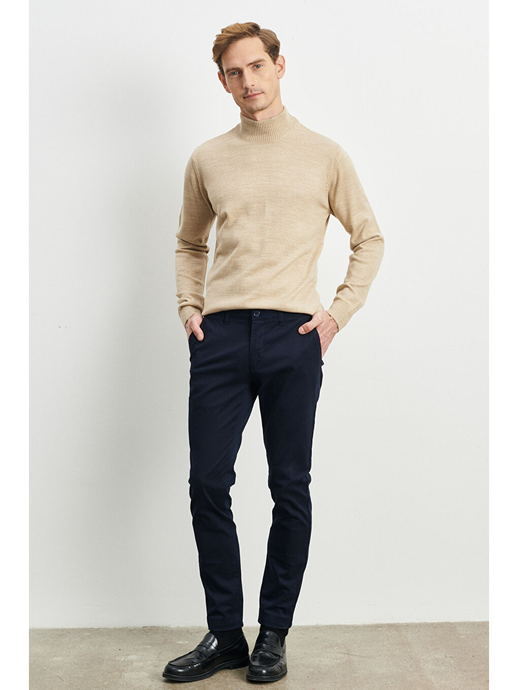 Erkek Lacivert Slim Fit Dar Kesim Esnek Chino Pantolon-1