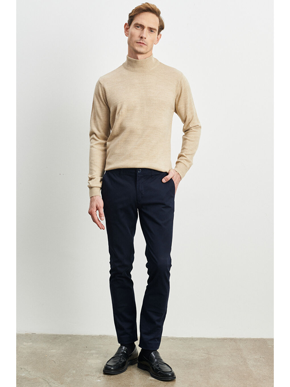 Erkek Lacivert Slim Fit Dar Kesim Esnek Chino Pantolon-2