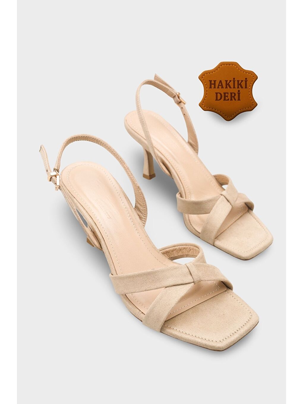 Bej Roxana Hakiki Deri Astarlı Küt Burunlu Çapraz Bantlı Orta Topuklu Kadın Ayakkabı-1