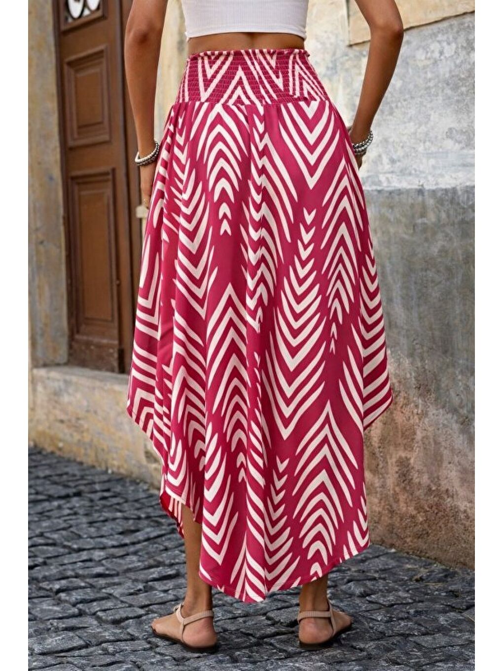 Pembe Kadın Yüksek Bel Beli Lastikli Bağcıklı Yanlardan Açık Uzun Süprem Etek-1