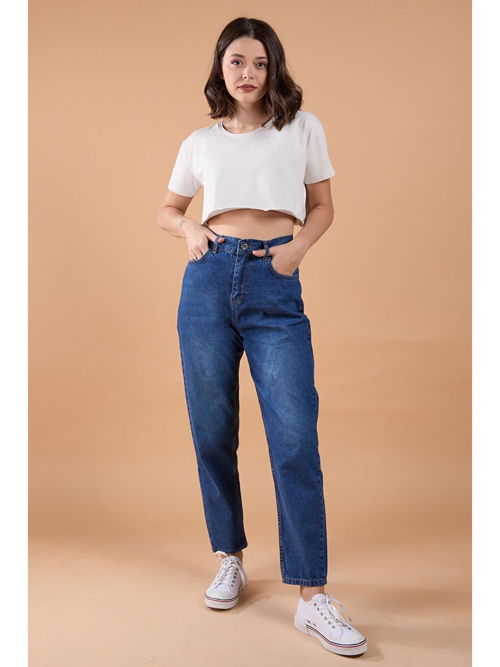 Orta Kadın Mavi Jean Mom Pantolon - 23786