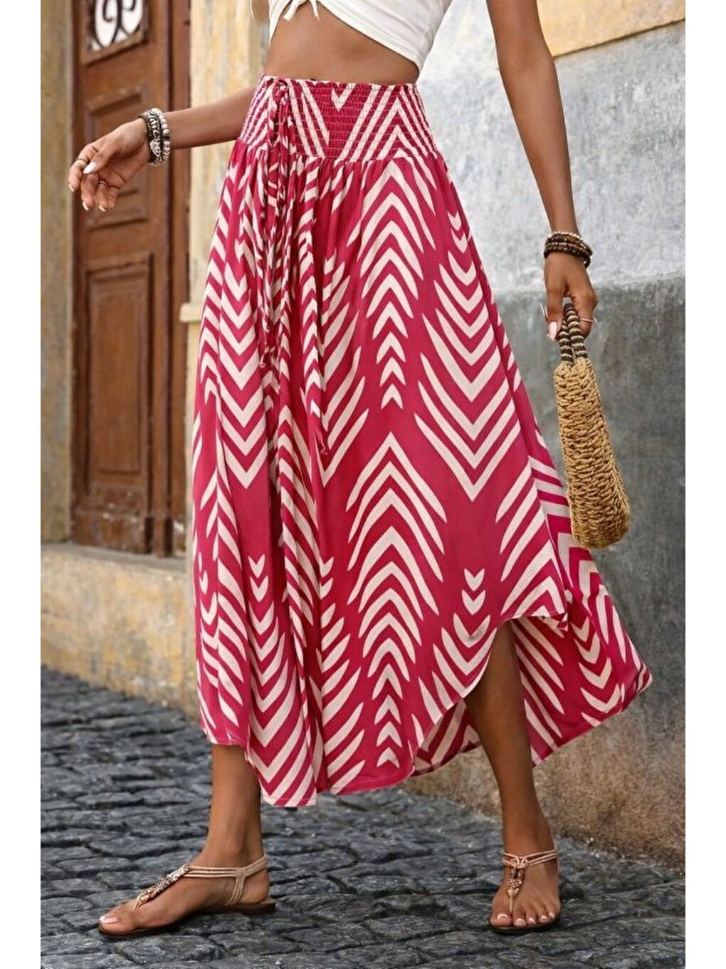 Pembe Kadın Yüksek Bel Beli Lastikli Bağcıklı Yanlardan Açık Uzun Süprem Etek-2