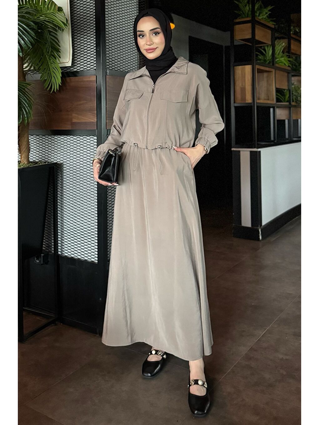 Bej Ön Fermuarlı Paraşüt Kumaş Etek Ceket Tesettür İkili Takım-3