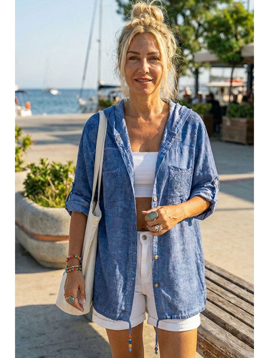 Mavi 3/4 Kol Düğmeli Cepli Önü Nakışlı Casual Dokuma Ceket 70 65