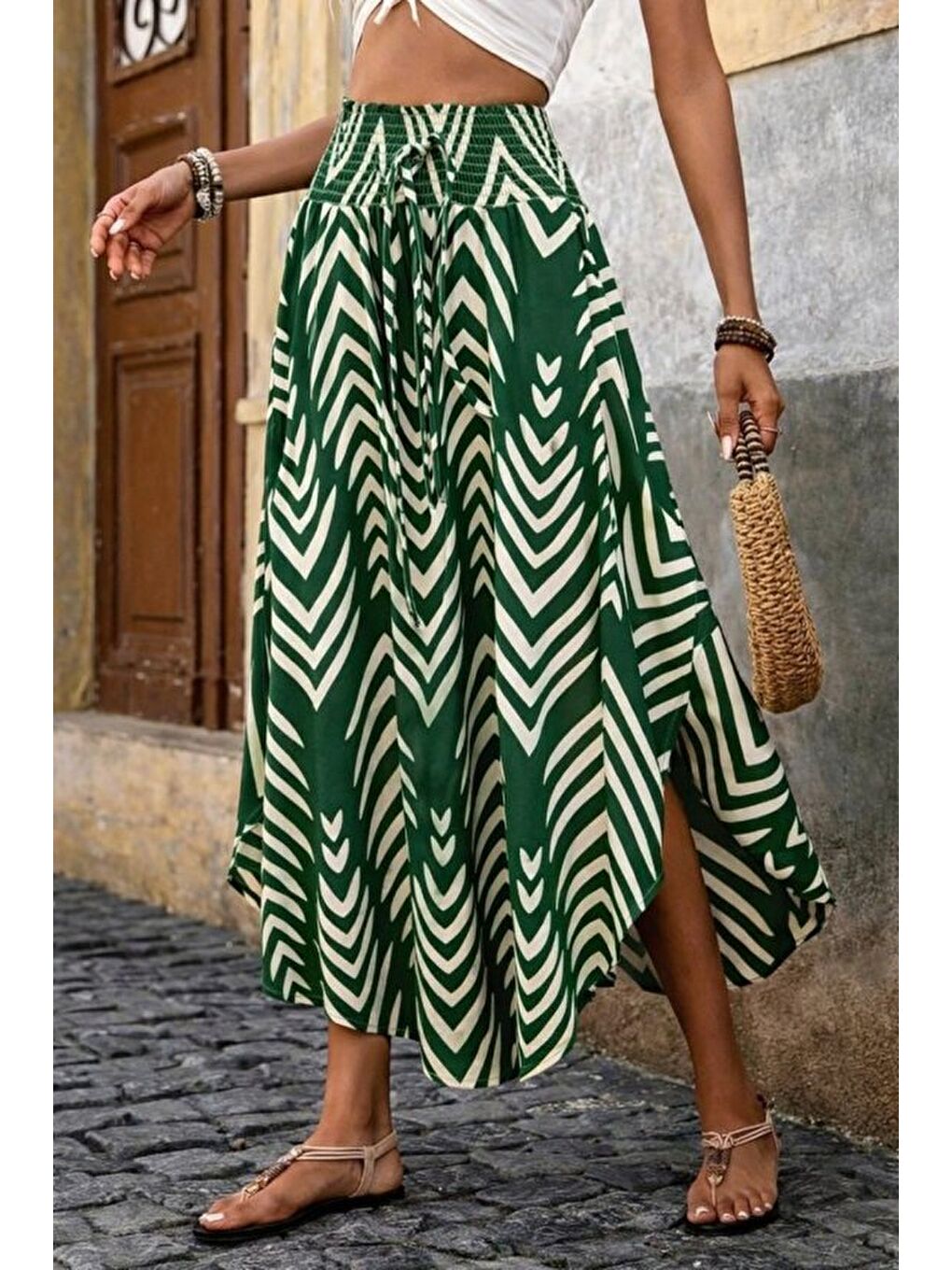 Yeşil Kadın Yüksek Bel Beli Lastikli Bağcıklı Yanlardan Açık Uzun Süprem Etek-2