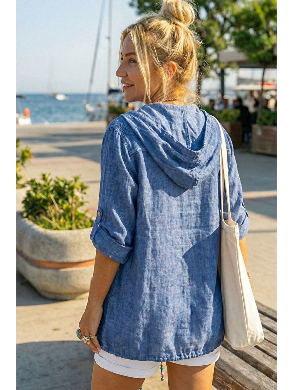 Mavi 3/4 Kol Düğmeli Cepli Önü Nakışlı Casual Dokuma Ceket 70 65-1