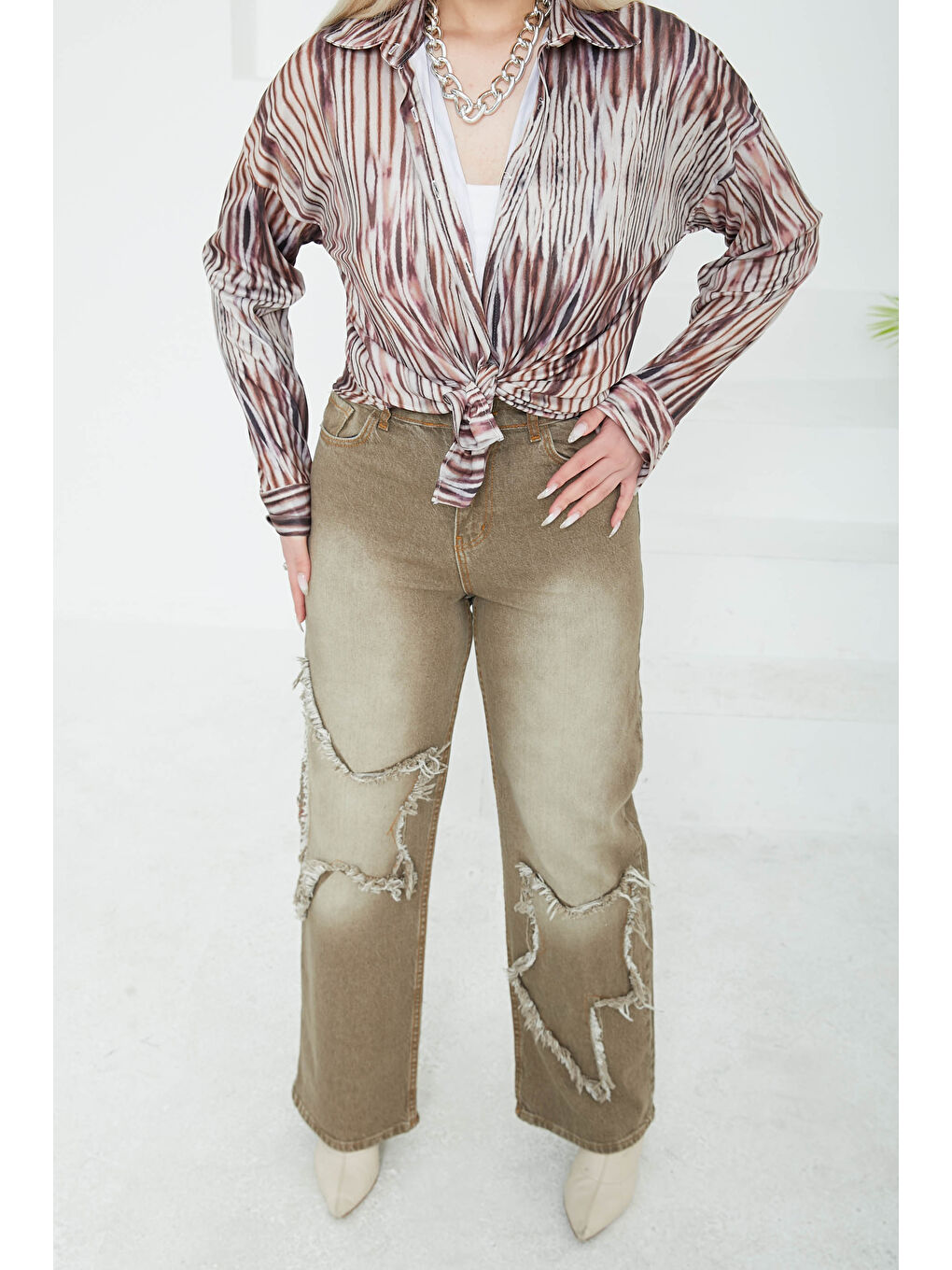 Kahverengi Kadın Yüksel Bel Püskül Detaylı Palazzo Jean Jean Pantolon Tint kahve   26822-4