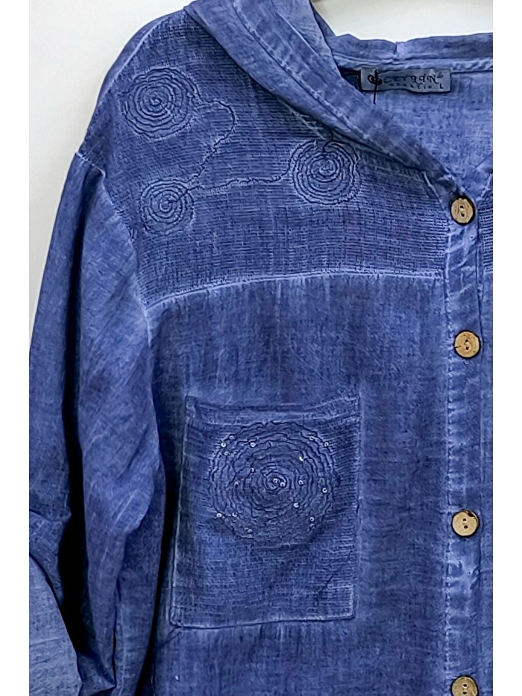 Mavi 3/4 Kol Düğmeli Cepli Önü Nakışlı Casual Dokuma Ceket 70 65-2