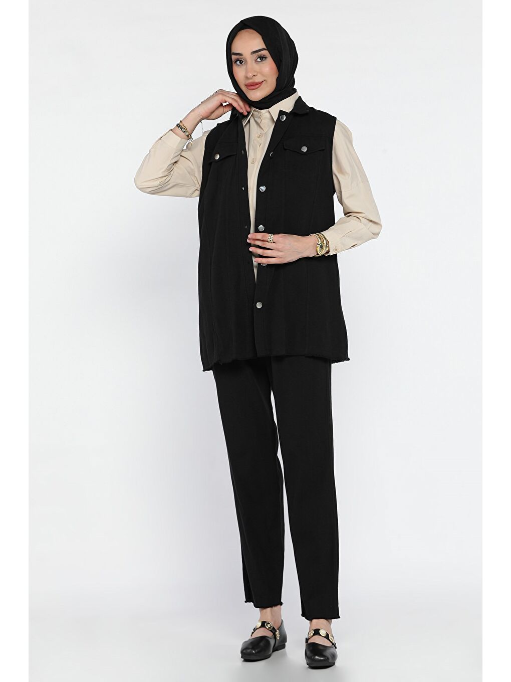 Siyah Tesettür Gabardin Yelek Pantolon İkili Takım-2