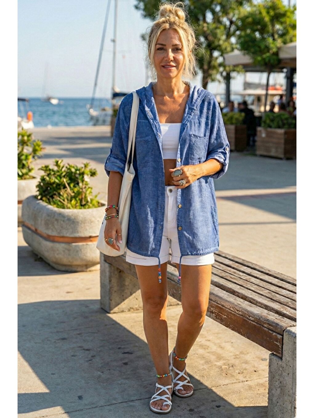 Mavi 3/4 Kol Düğmeli Cepli Önü Nakışlı Casual Dokuma Ceket 70 65-3