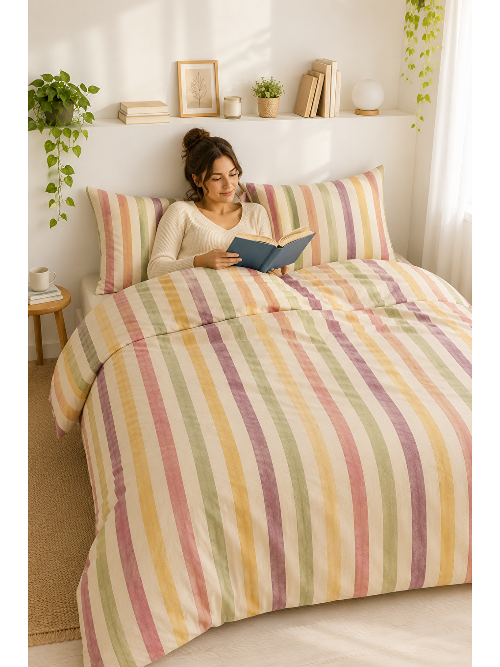 Karışık Çok Renkli Çizgili Nevresim Seti 200x220 Modern Soft Renkli Çift Kişilik Yorgan Kılıfı-2