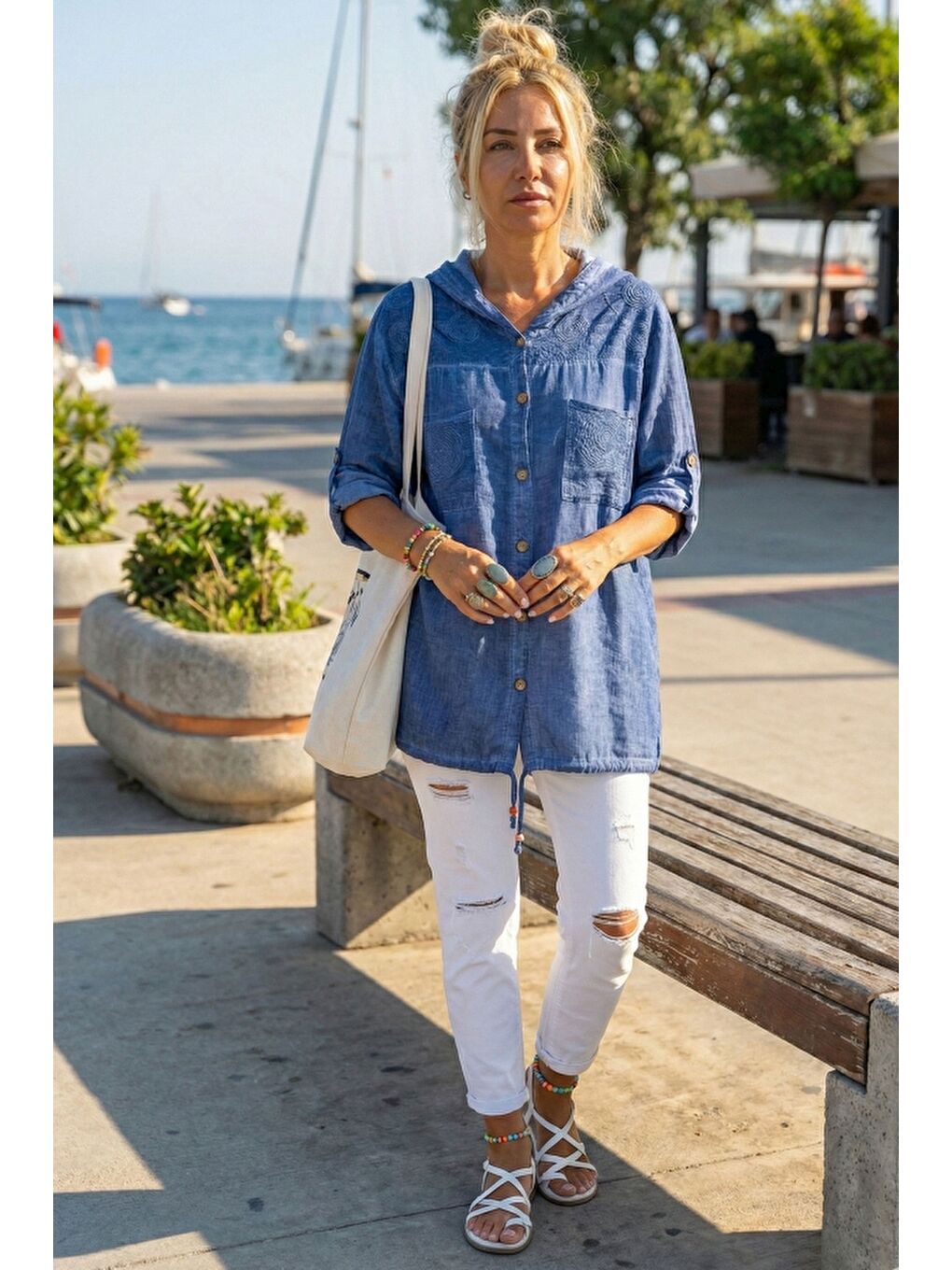 Mavi 3/4 Kol Düğmeli Cepli Önü Nakışlı Casual Dokuma Ceket 70 65-4