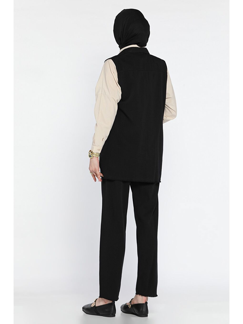 Siyah Tesettür Gabardin Yelek Pantolon İkili Takım-4