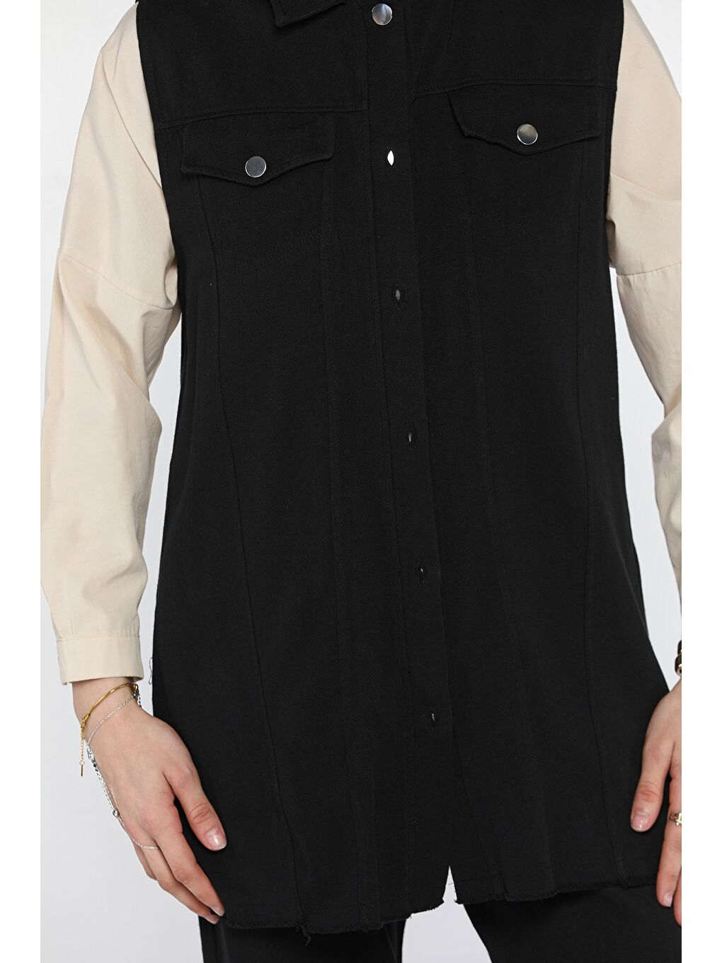 Siyah Tesettür Gabardin Yelek Pantolon İkili Takım-6