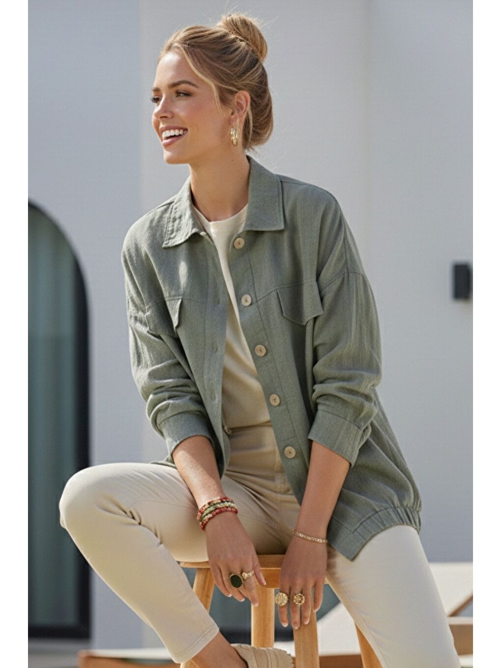 Haki Gömlek Yaka Manşetli Kollu Çift Kapaklı Cepli Casual Keten Görünümlü Dokuma Ceket 65 65