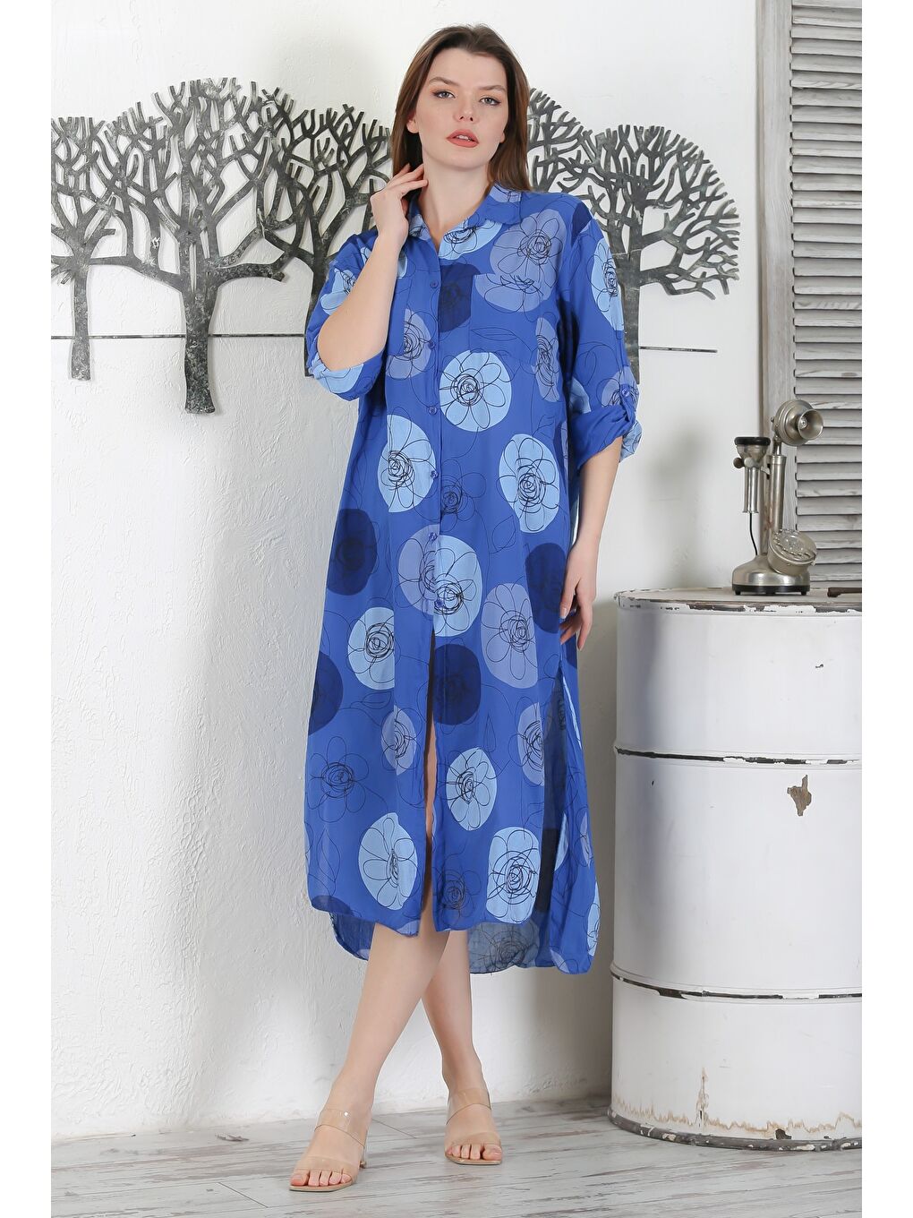 İtalyan Lacivert Düğmeli Uzun Kollu Çiçekli Çift Cepli Casual Dokuma Yazlık Elbise-1